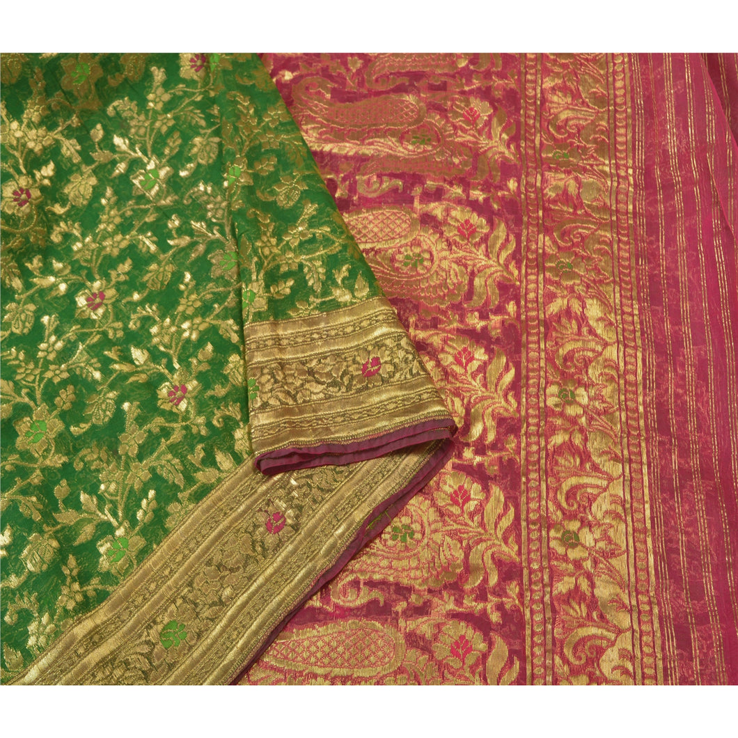 Sanskriti Vintage Heavy Green Sarees Pure Organza Silk Woven Brocade Sari Fabric