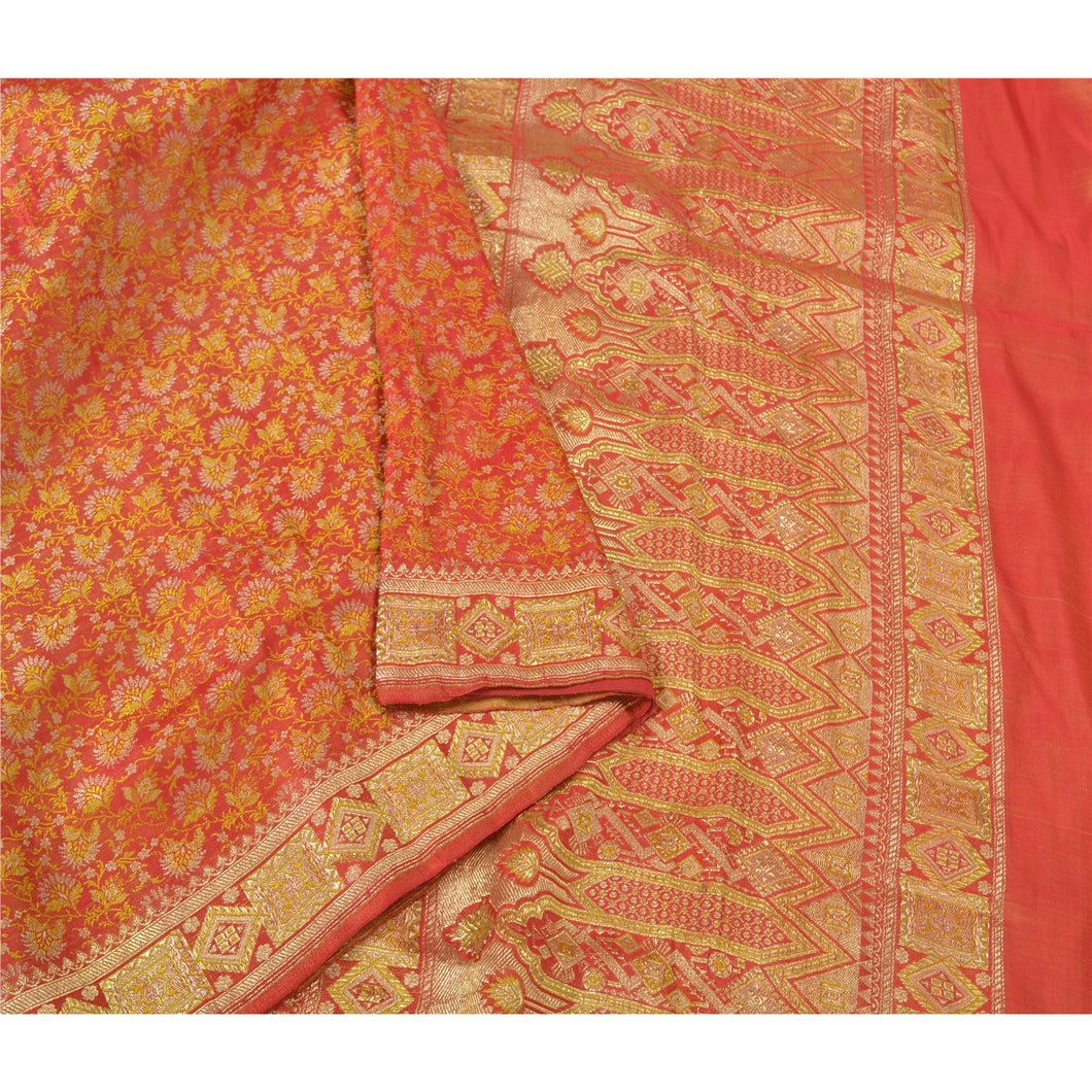 Sanskriti Vintage Heavy Red Sarees Pure Satin Silk Woven Brocade Sari Fabric