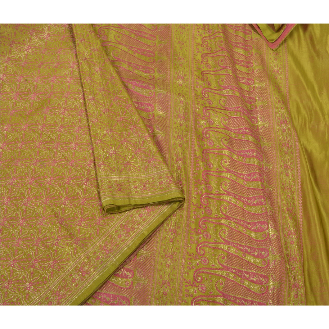 Sanskriti Vintage Heavy Green Sarees Pure Satin Silk Woven Brocade Sari Fabric