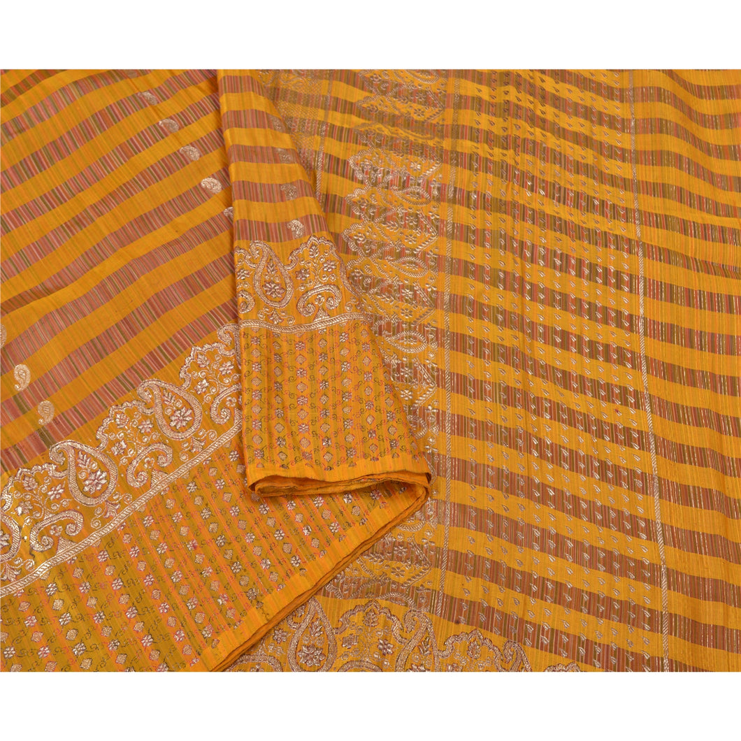 Sanskriti Vintage Heavy Yellow Sarees Pure Satin Silk Woven Brocade Sari Fabric