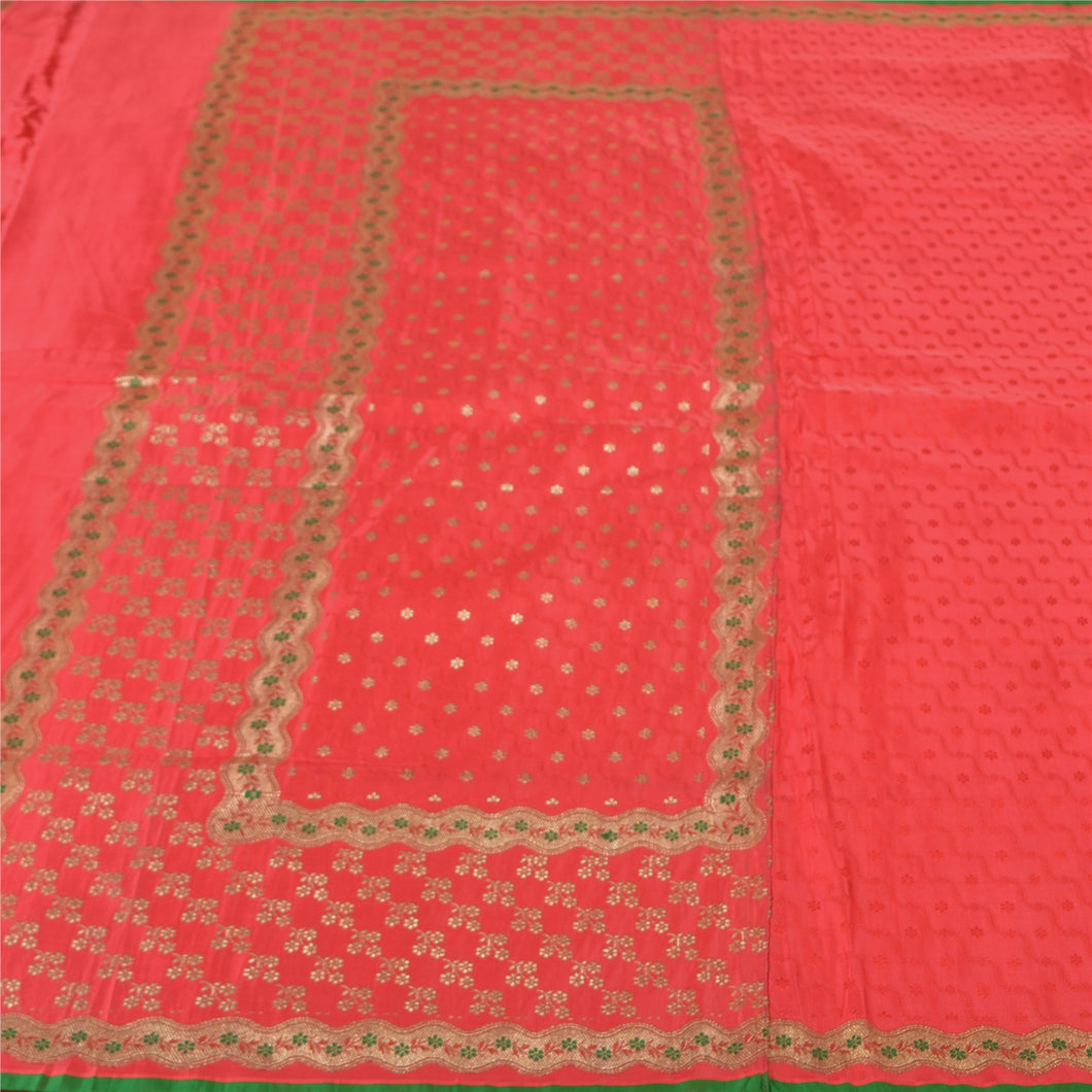Sanskriti Vintage Heavy Red Sarees Pure Satin Silk Woven Brocade Sari 5YD Fabric