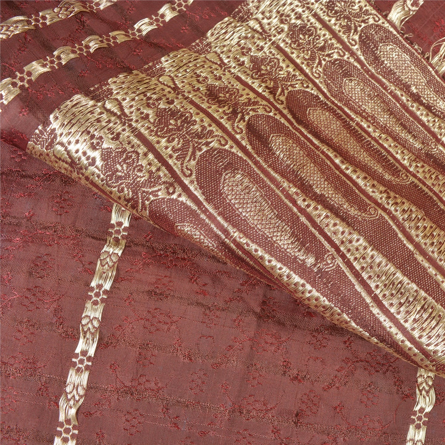 Sanskriti Vintage Heavy Red Sarees Pure Satin Silk Woven Brocade Sari 5yd Sustainable Fabric