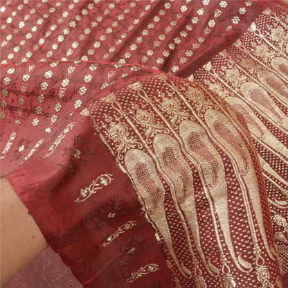 Sanskriti Vintage Heavy Red Sarees Pure Satin Silk Woven Brocade Sari 5yd Sustainable Fabric