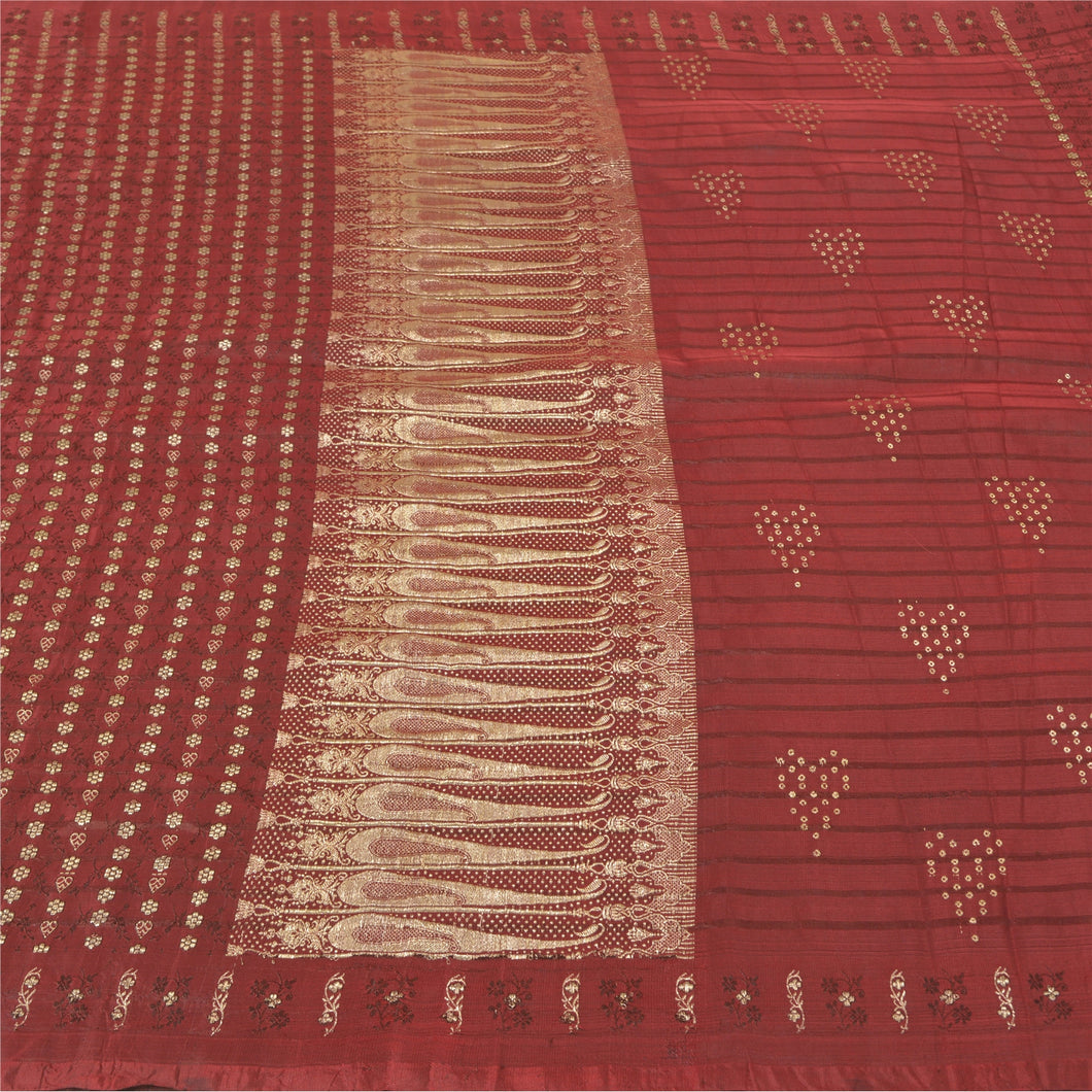 Sanskriti Vintage Heavy Red Sarees Pure Satin Silk Woven Brocade Sari 5yd Fabric
