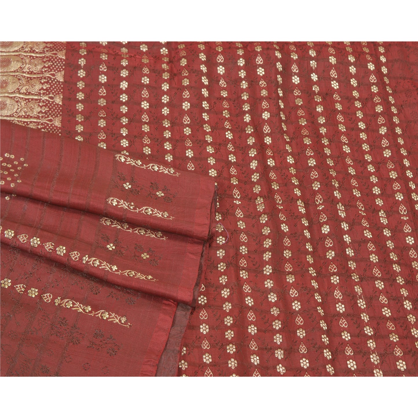 Sanskriti Vintage Heavy Red Sarees Pure Satin Silk Woven Brocade Sari 5yd Sustainable Fabric