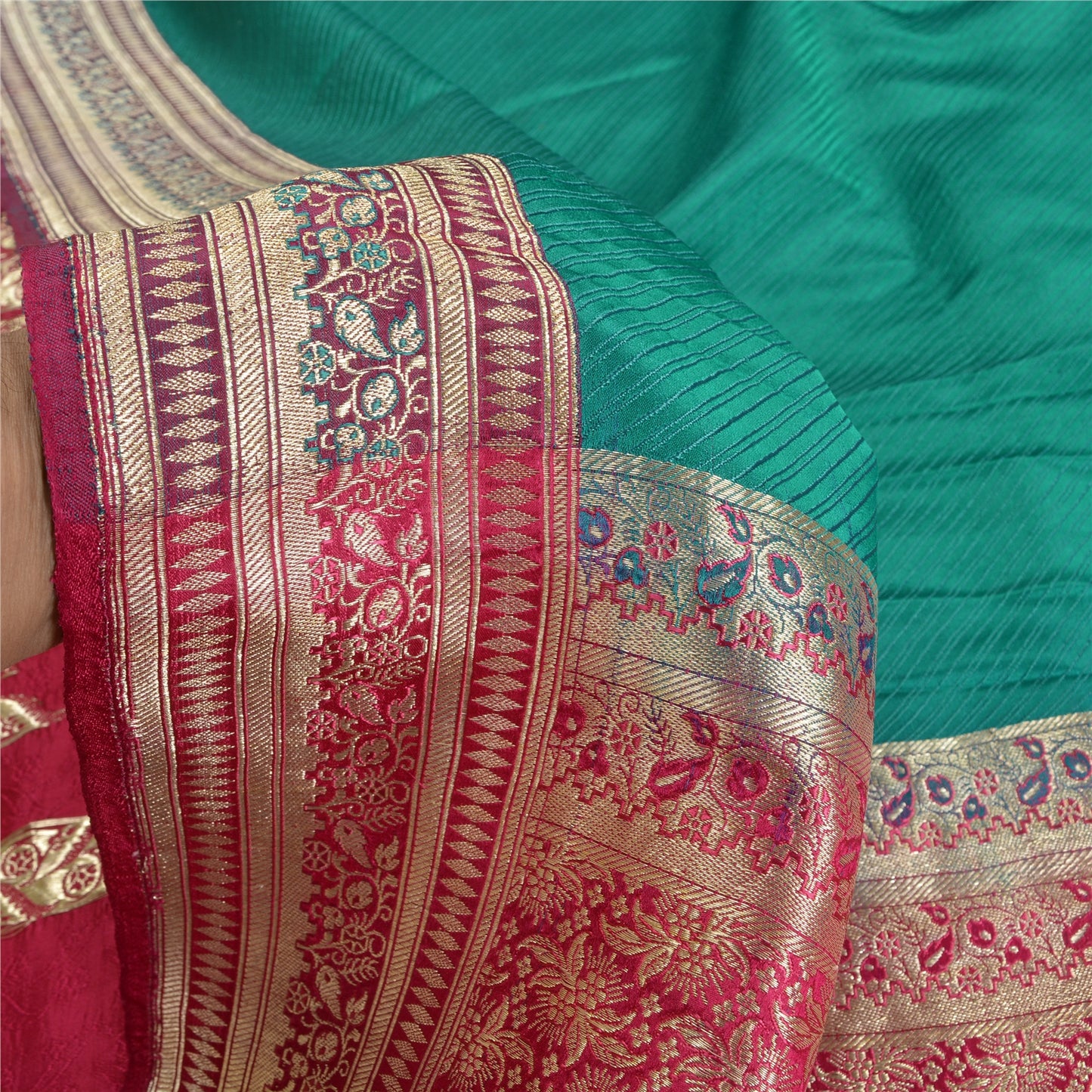 Sanskriti Vintage Heavy Green Sarees Pure Satin Silk Woven Brocade Sari Sustainable Fabric