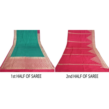 Sanskriti Vintage Heavy Green Sarees Pure Satin Silk Woven Brocade Sari Sustainable Fabric
