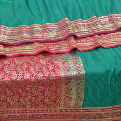Sanskriti Vintage Heavy Green Sarees Pure Satin Silk Woven Brocade Sari Sustainable Fabric
