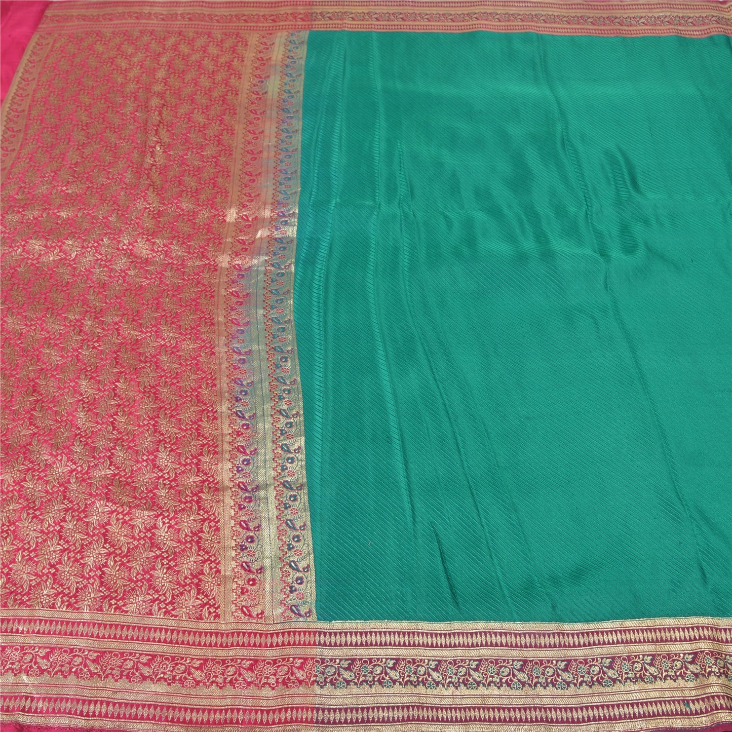 Sanskriti Vintage Heavy Green Sarees Pure Satin Silk Woven Brocade Sari Sustainable Fabric