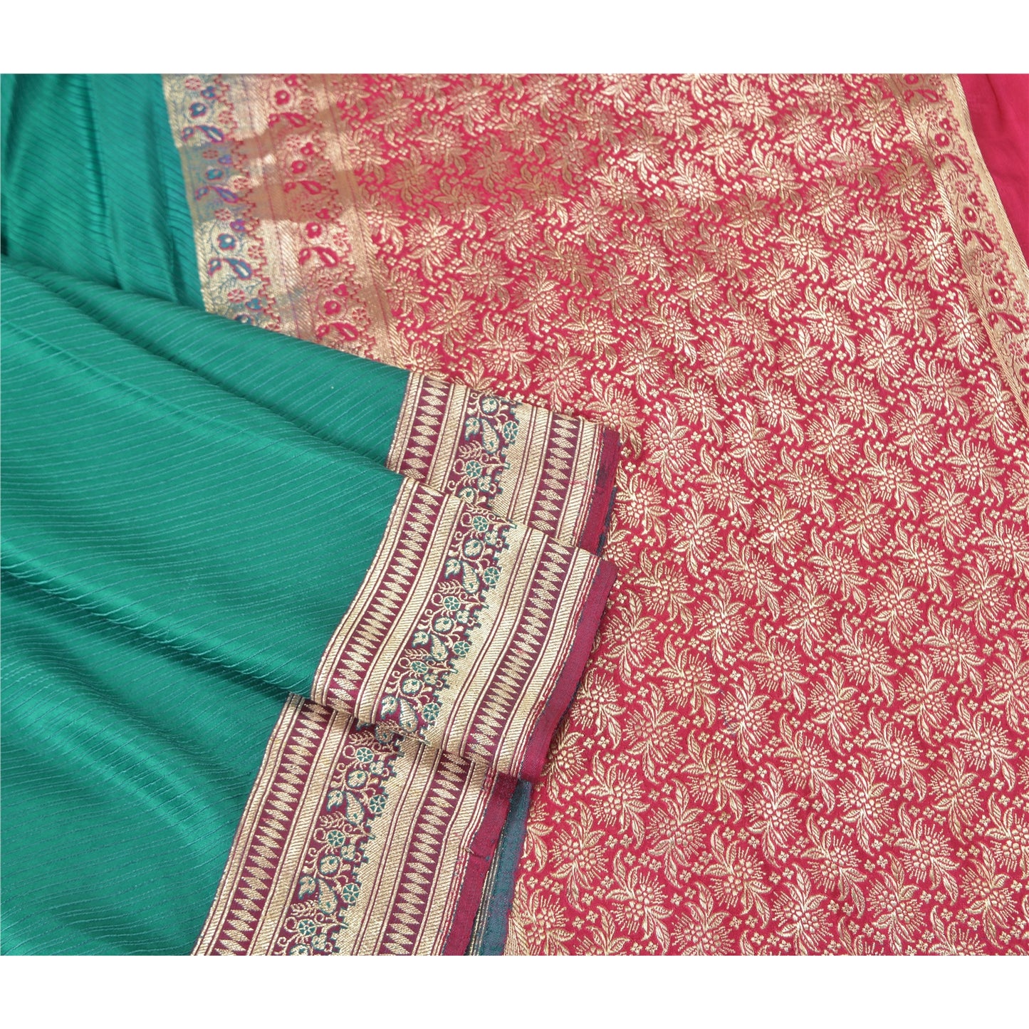 Sanskriti Vintage Heavy Green Sarees Pure Satin Silk Woven Brocade Sari Sustainable Fabric