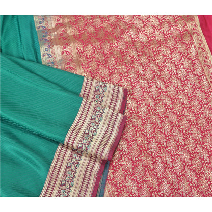 Sanskriti Vintage Heavy Green Sarees Pure Satin Silk Woven Brocade Sari Sustainable Fabric