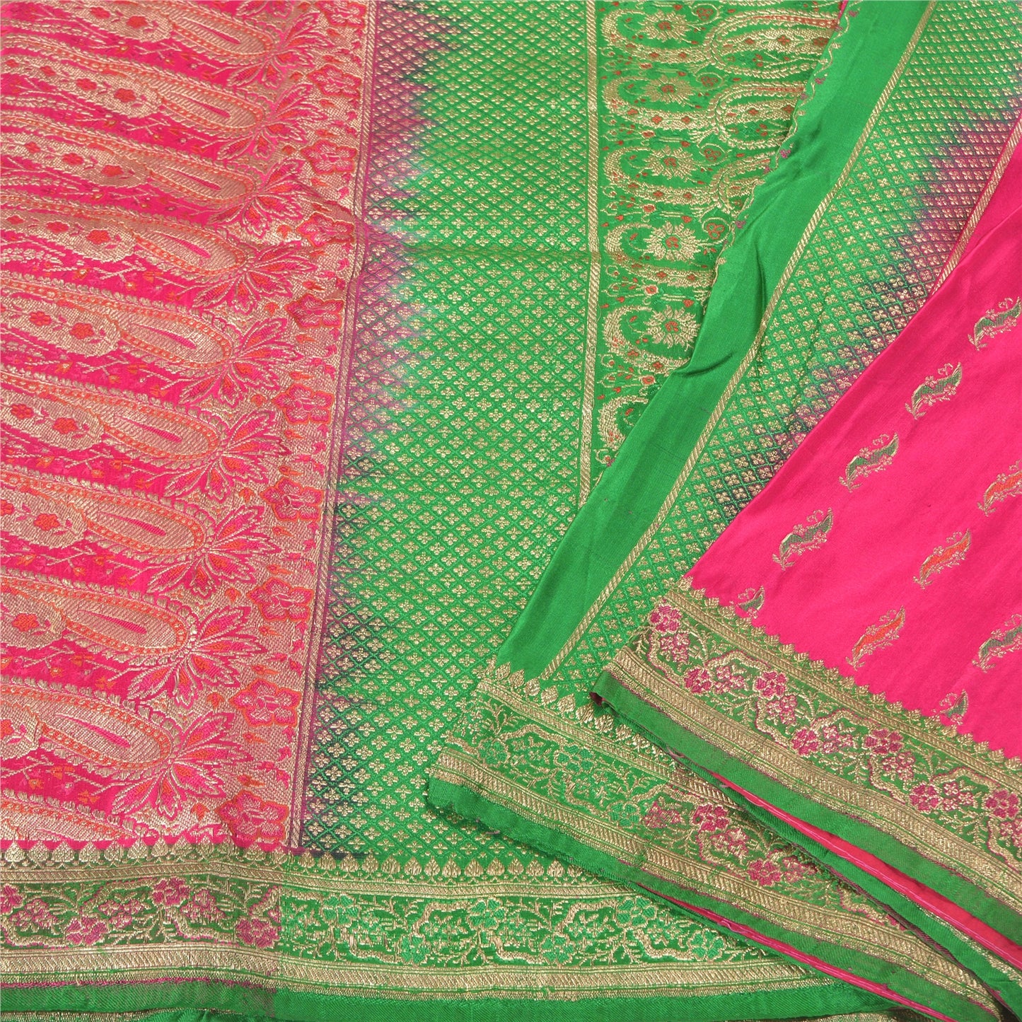 Sanskriti Vintage Pink Heavy Sarees Pure Satin Silk Woven Brocade Sari Sustainable Fabric