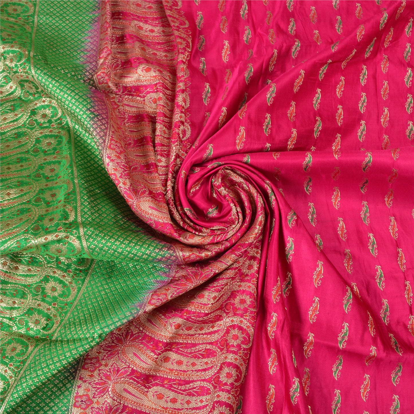Sanskriti Vintage Pink Heavy Sarees Pure Satin Silk Woven Brocade Sari Sustainable Fabric