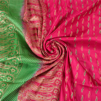 Sanskriti Vintage Pink Heavy Sarees Pure Satin Silk Woven Brocade Sari Sustainable Fabric