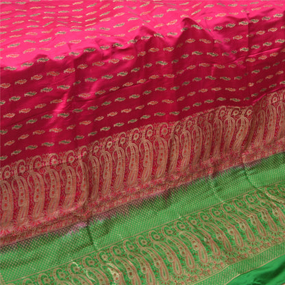 Sanskriti Vintage Pink Heavy Sarees Pure Satin Silk Woven Brocade Sari Sustainable Fabric