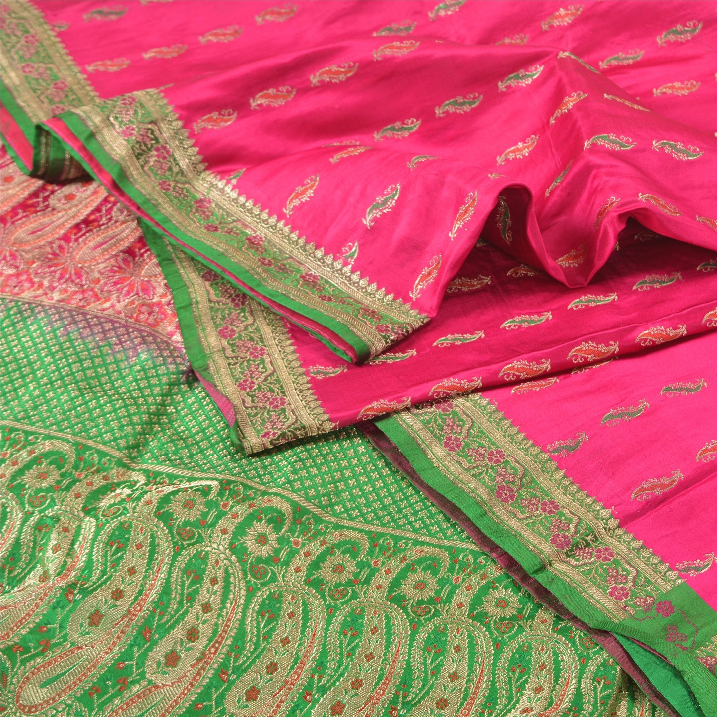 Sanskriti Vintage Pink Heavy Sarees Pure Satin Silk Woven Brocade Sari Sustainable Fabric