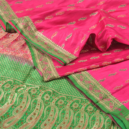 Sanskriti Vintage Pink Heavy Sarees Pure Satin Silk Woven Brocade Sari Sustainable Fabric