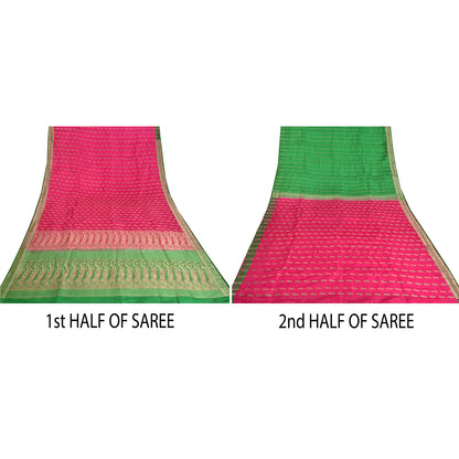 Sanskriti Vintage Pink Heavy Sarees Pure Satin Silk Woven Brocade Sari Sustainable Fabric