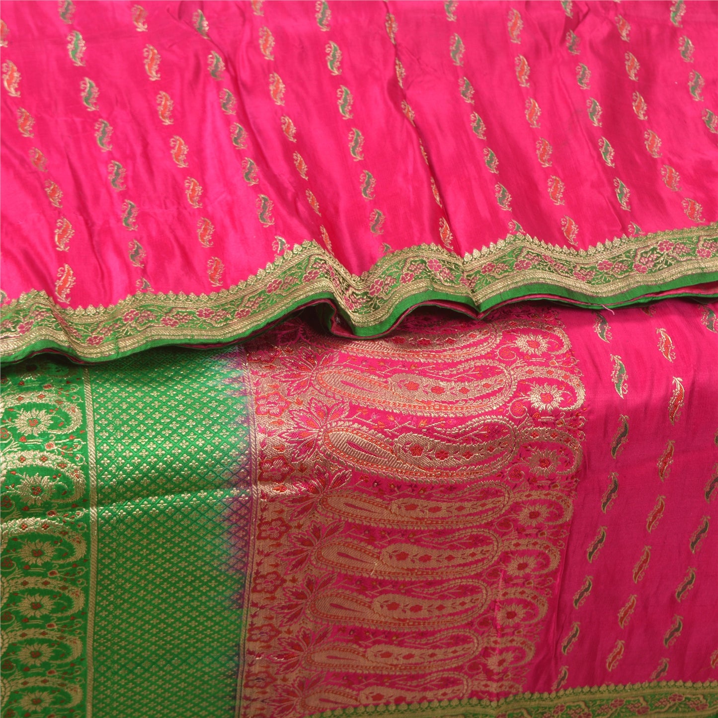 Sanskriti Vintage Pink Heavy Sarees Pure Satin Silk Woven Brocade Sari Sustainable Fabric