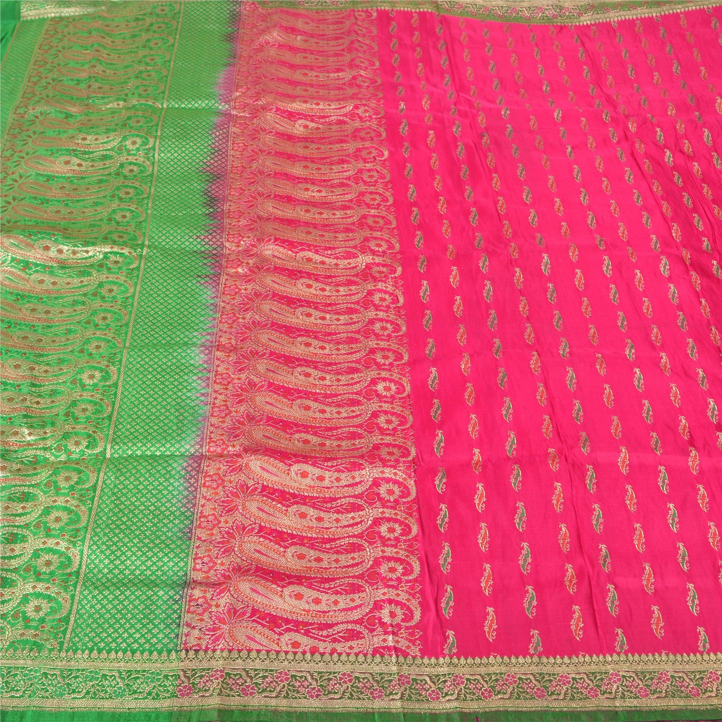 Sanskriti Vintage Pink Heavy Sarees Pure Satin Silk Woven Brocade Sari Sustainable Fabric