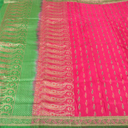 Sanskriti Vintage Pink Heavy Sarees Pure Satin Silk Woven Brocade Sari Sustainable Fabric
