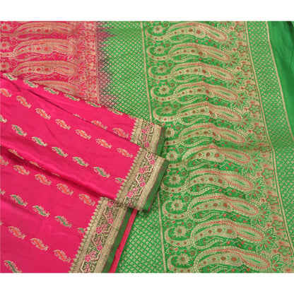 Sanskriti Vintage Pink Heavy Sarees Pure Satin Silk Woven Brocade Sari Sustainable Fabric
