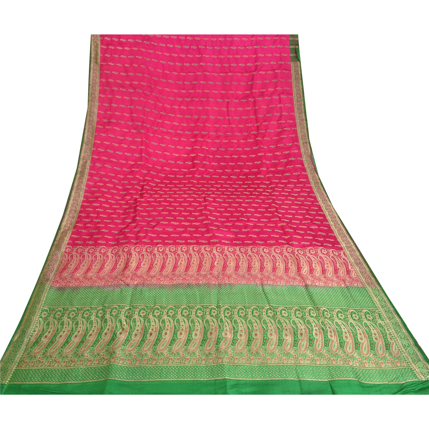 Sanskriti Vintage Pink Heavy Sarees Pure Satin Silk Woven Brocade Sari Sustainable Fabric
