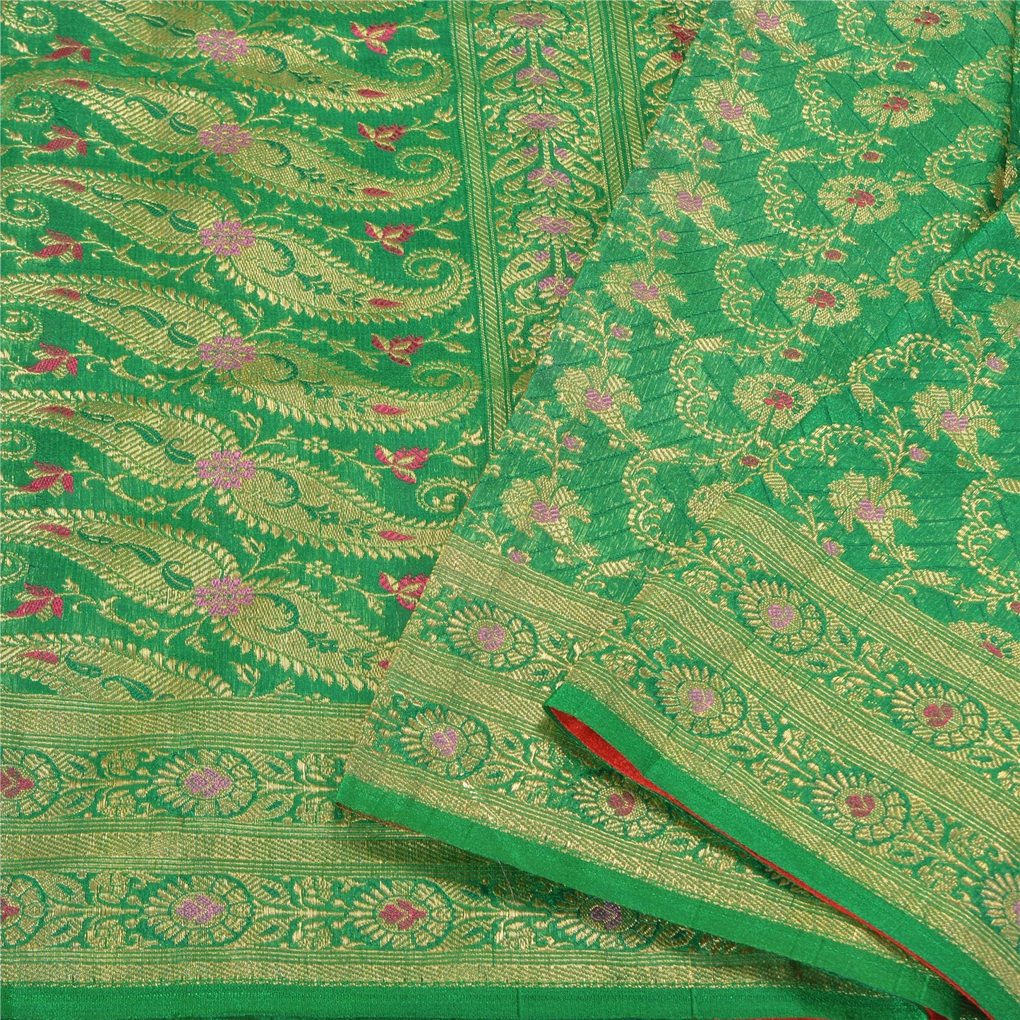Sanskriti Vintage Green/Red Sarees Pure Satin Silk Woven Brocade Sari Sustainable Fabric