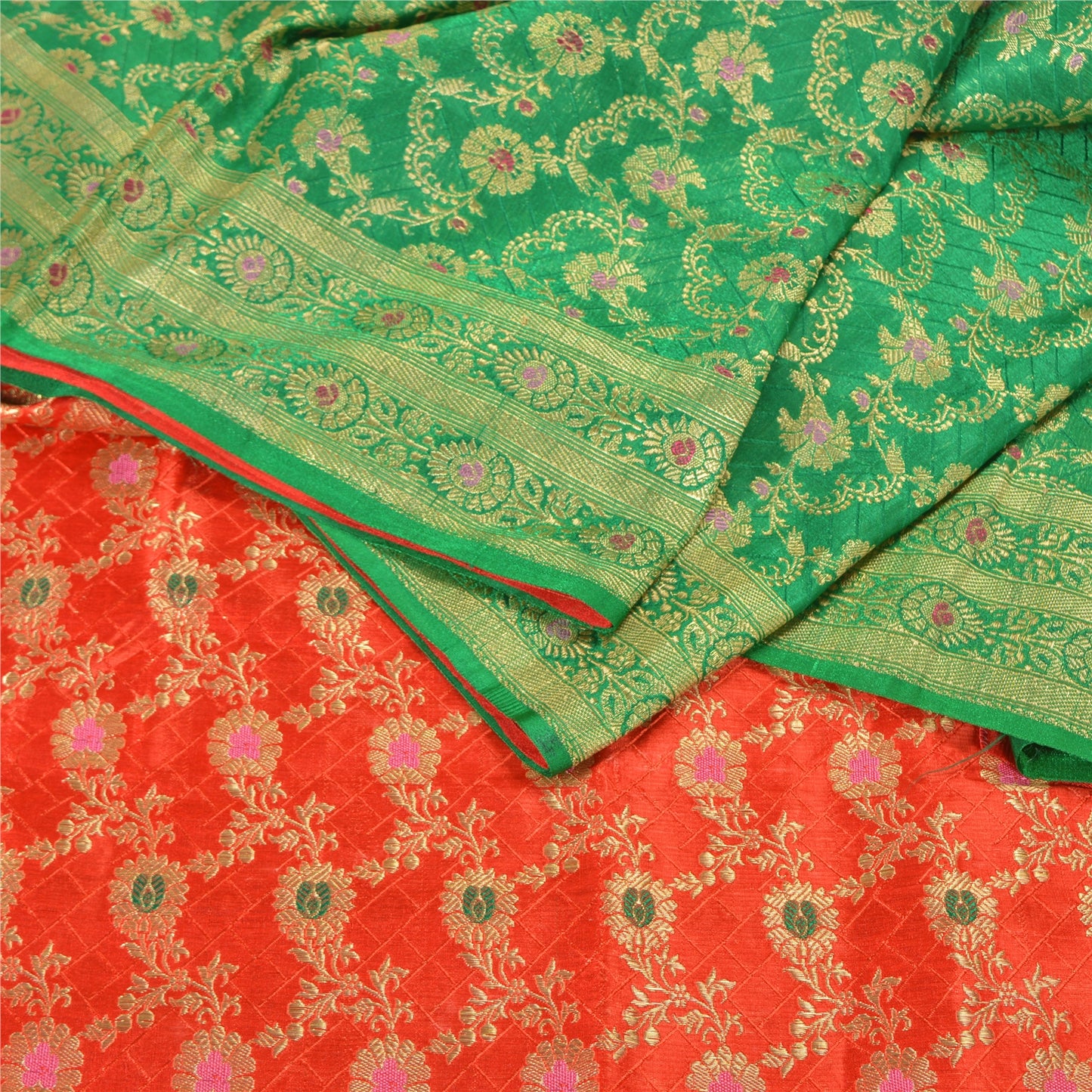 Sanskriti Vintage Green/Red Sarees Pure Satin Silk Woven Brocade Sari Sustainable Fabric