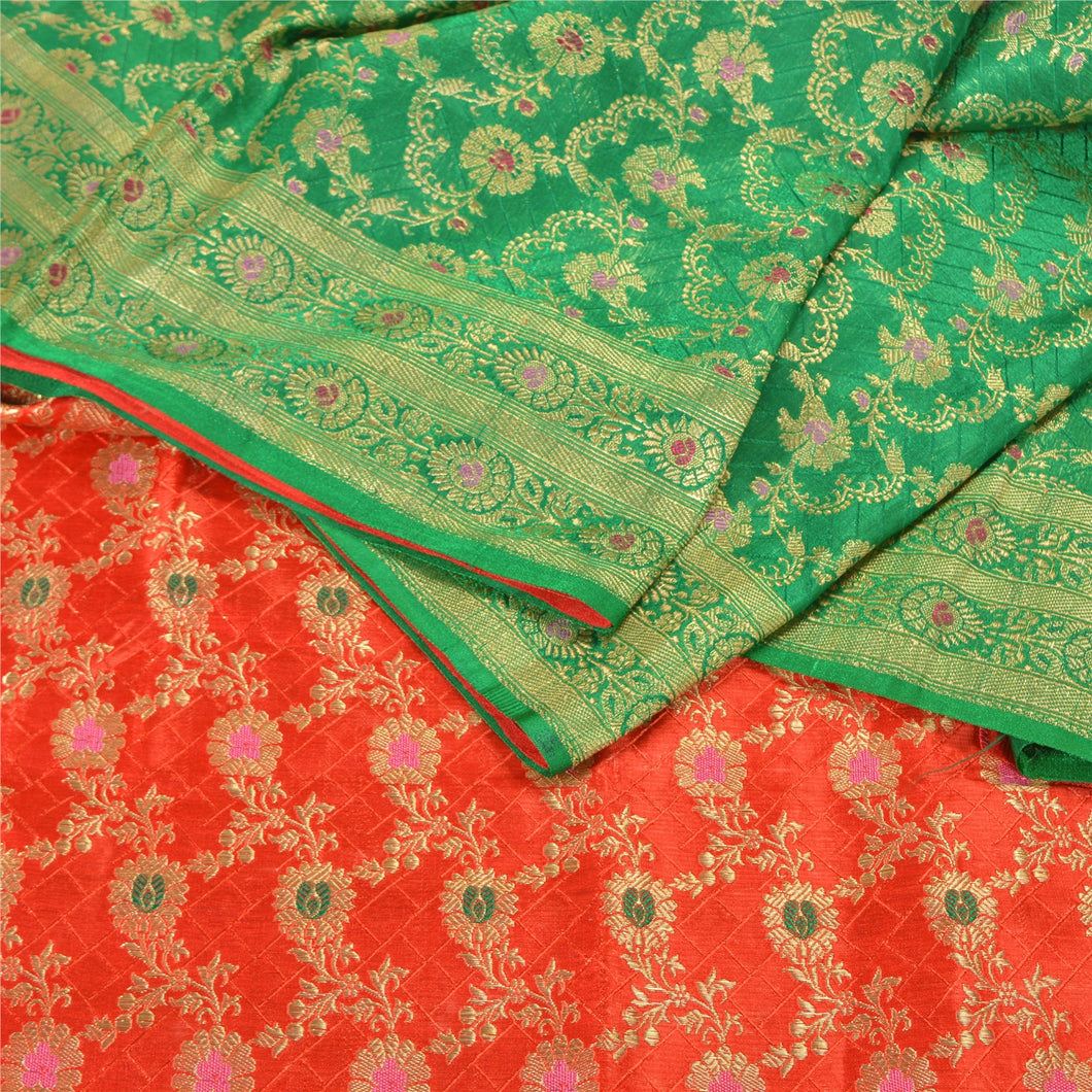 Sanskriti Vintage Green/Red Sarees Pure Satin Silk Woven Brocade Sari Fabric
