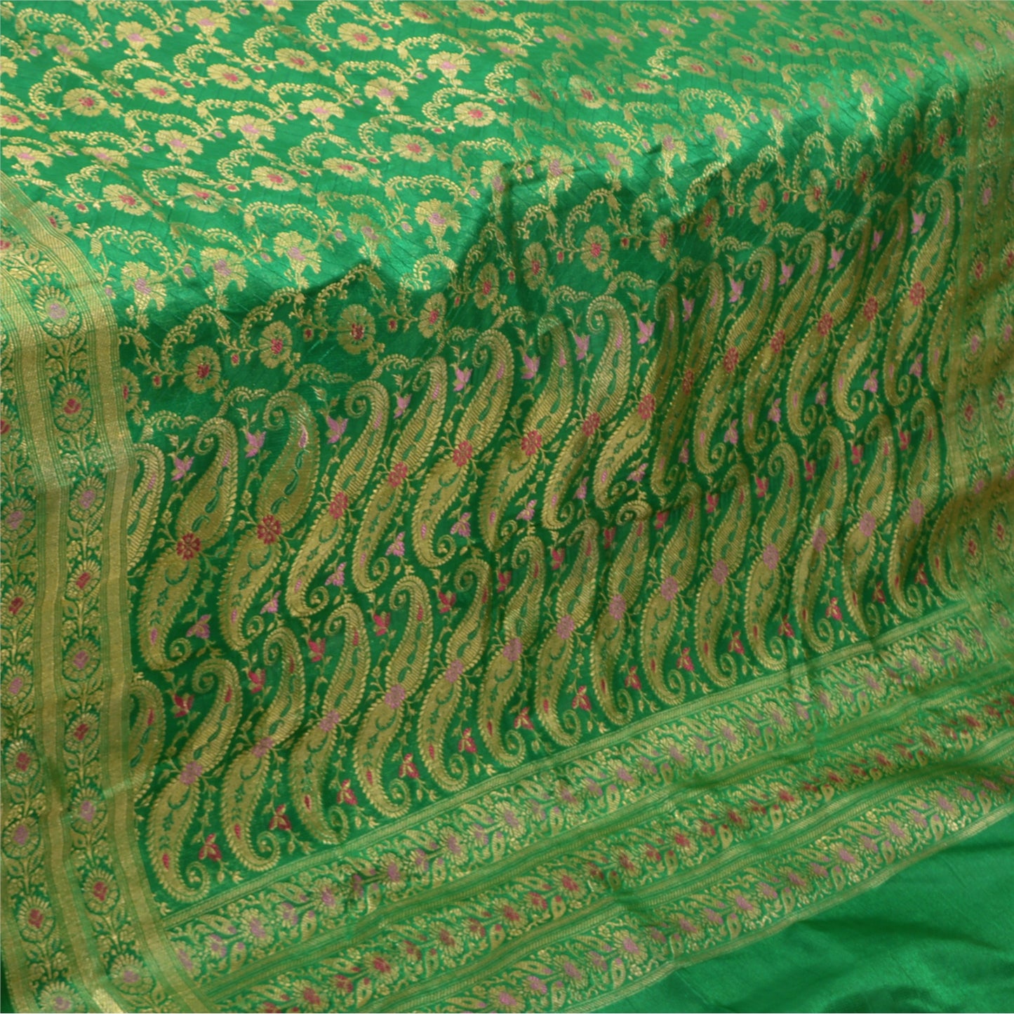 Sanskriti Vintage Green/Red Sarees Pure Satin Silk Woven Brocade Sari Sustainable Fabric