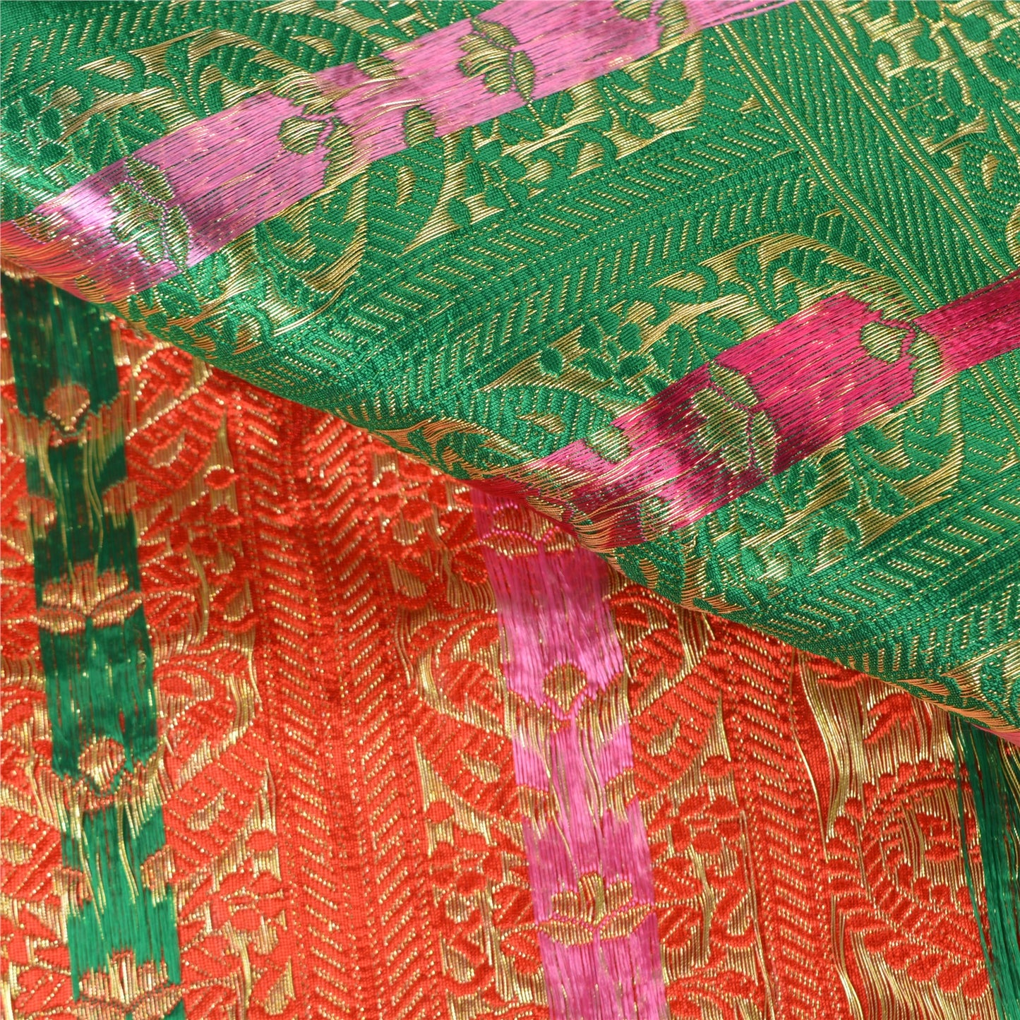 Sanskriti Vintage Green/Red Sarees Pure Satin Silk Woven Brocade Sari Sustainable Fabric