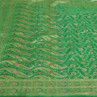 Sanskriti Vintage Green/Red Sarees Pure Satin Silk Woven Brocade Sari Sustainable Fabric