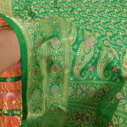 Sanskriti Vintage Green/Red Sarees Pure Satin Silk Woven Brocade Sari Sustainable Fabric
