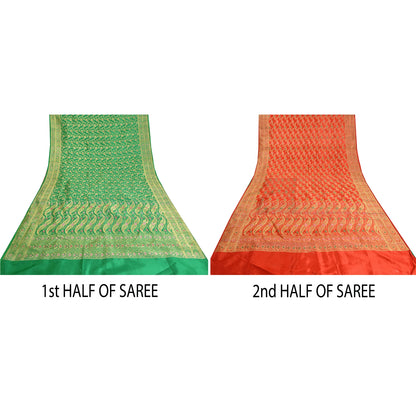Sanskriti Vintage Green/Red Sarees Pure Satin Silk Woven Brocade Sari Sustainable Fabric