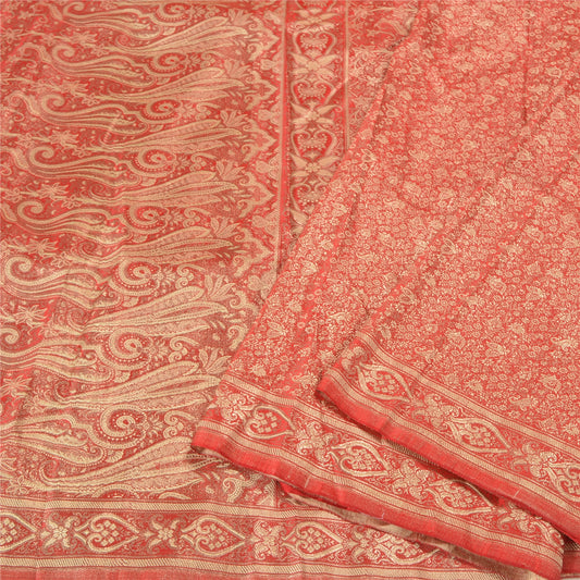 Sanskriti Vintage Red Heavy Wedding Sarees Pure Satin Silk Woven Sari Sustainable Fabric