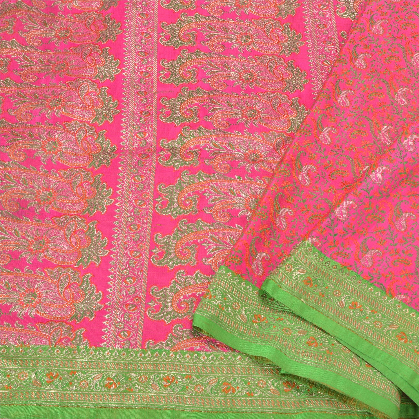 Sanskriti Vintage Pink Heavy Sarees Pure Satin Silk Woven Brocade Sari Sustainable Fabric