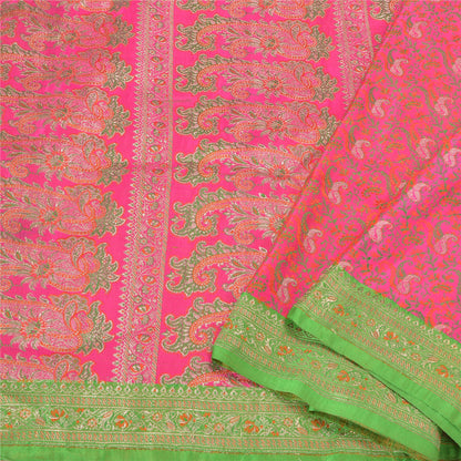Sanskriti Vintage Pink Heavy Sarees Pure Satin Silk Woven Brocade Sari Sustainable Fabric