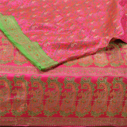 Sanskriti Vintage Pink Heavy Sarees Pure Satin Silk Woven Brocade Sari Sustainable Fabric