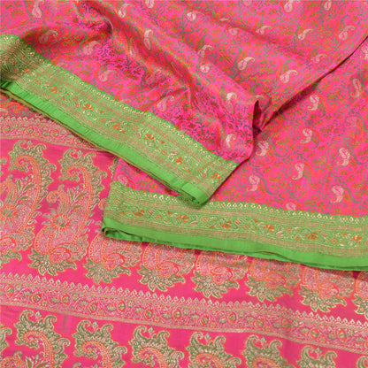 Sanskriti Vintage Pink Heavy Sarees Pure Satin Silk Woven Brocade Sari Sustainable Fabric
