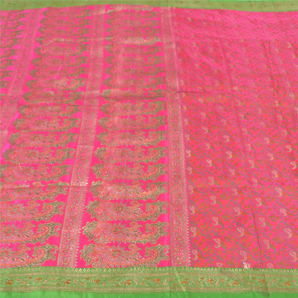 Sanskriti Vintage Pink Heavy Sarees Pure Satin Silk Woven Brocade Sari Sustainable Fabric