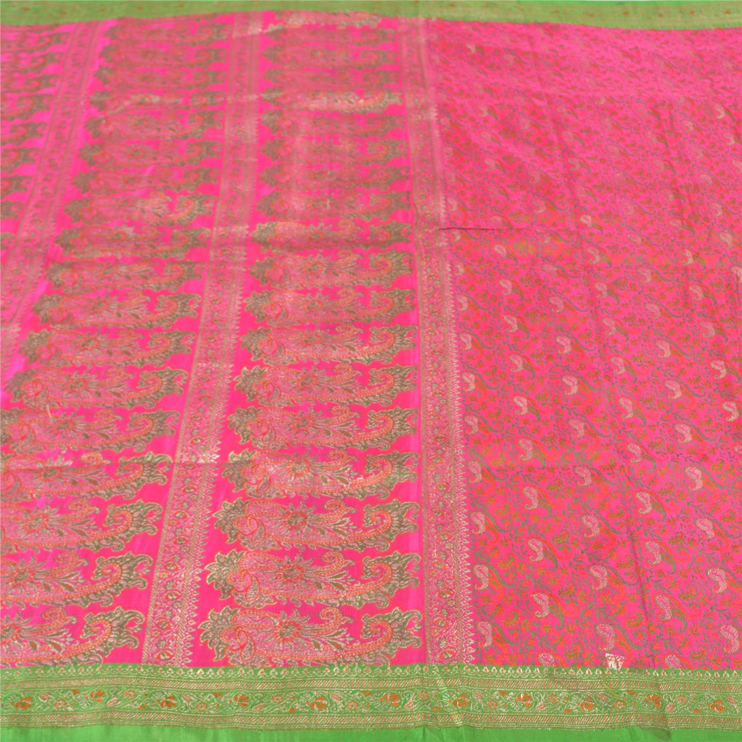 Sanskriti Vintage Pink Heavy Sarees Pure Satin Silk Woven Brocade Sari Sustainable Fabric