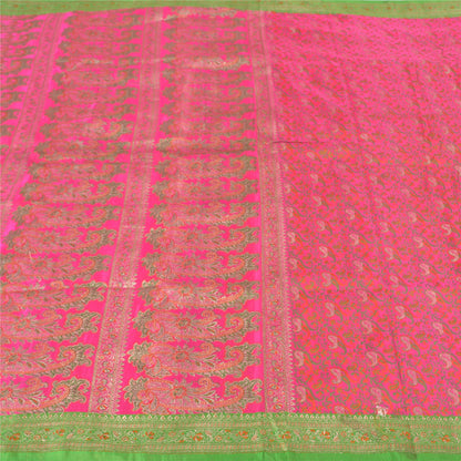 Sanskriti Vintage Pink Heavy Sarees Pure Satin Silk Woven Brocade Sari Sustainable Fabric