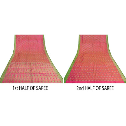 Sanskriti Vintage Pink Heavy Sarees Pure Satin Silk Woven Brocade Sari Sustainable Fabric