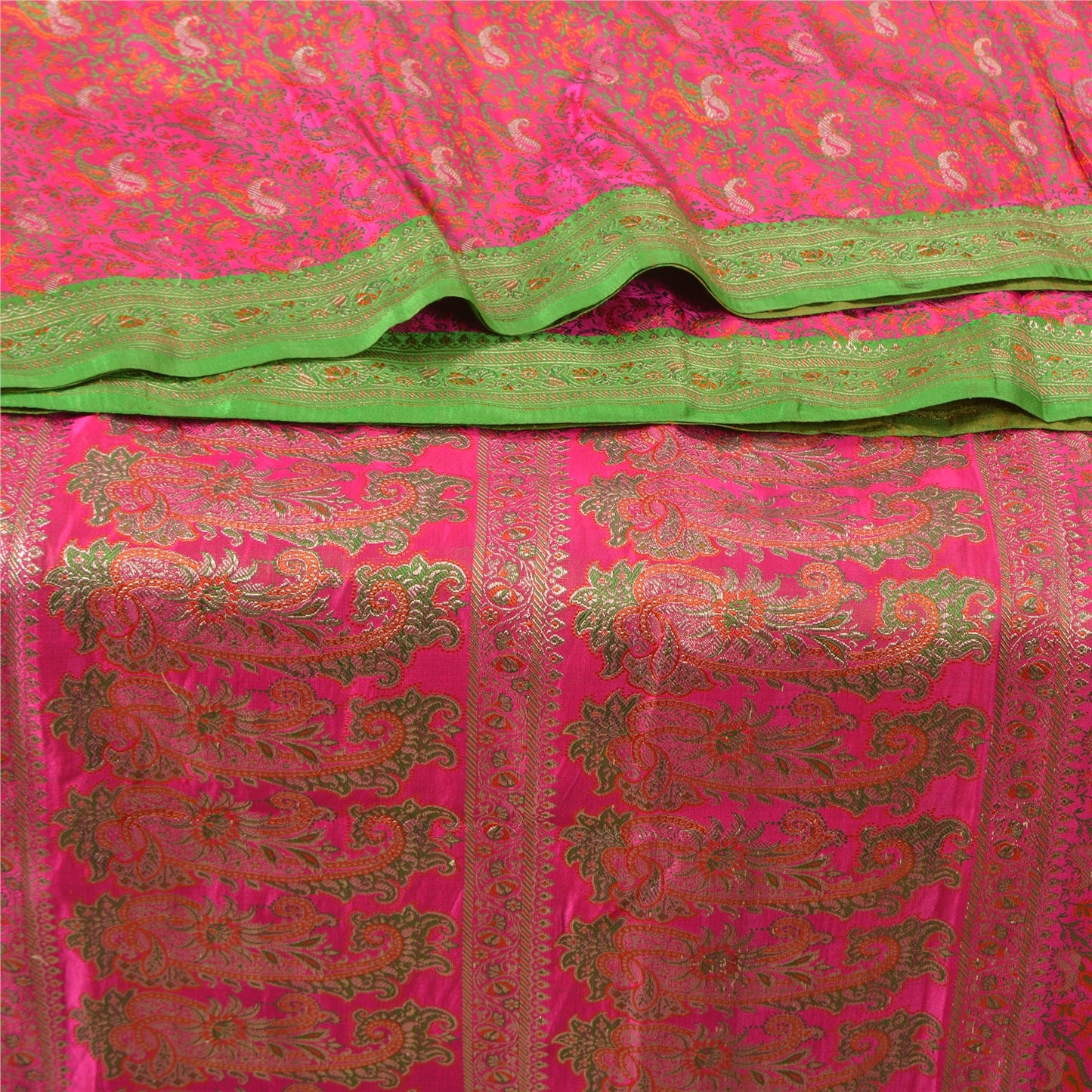 Sanskriti Vintage Pink Heavy Sarees Pure Satin Silk Woven Brocade Sari Sustainable Fabric