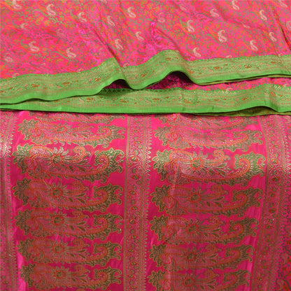 Sanskriti Vintage Pink Heavy Sarees Pure Satin Silk Woven Brocade Sari Sustainable Fabric