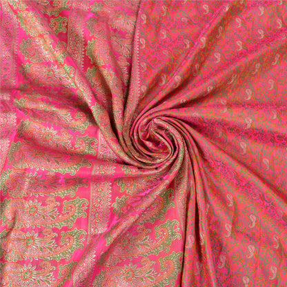 Sanskriti Vintage Pink Heavy Sarees Pure Satin Silk Woven Brocade Sari Sustainable Fabric