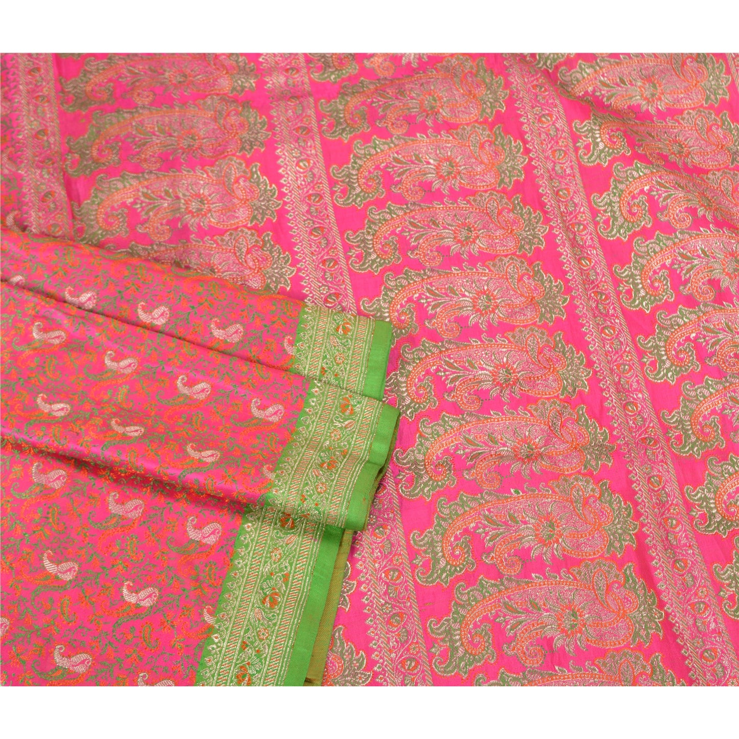 Sanskriti Vintage Pink Heavy Sarees Pure Satin Silk Woven Brocade Sari Sustainable Fabric