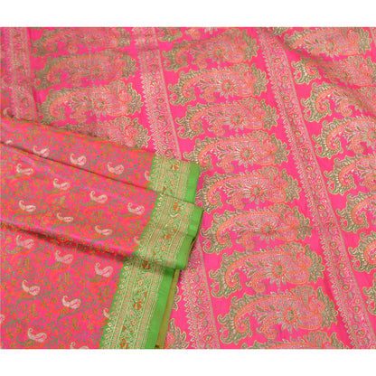 Sanskriti Vintage Pink Heavy Sarees Pure Satin Silk Woven Brocade Sari Sustainable Fabric