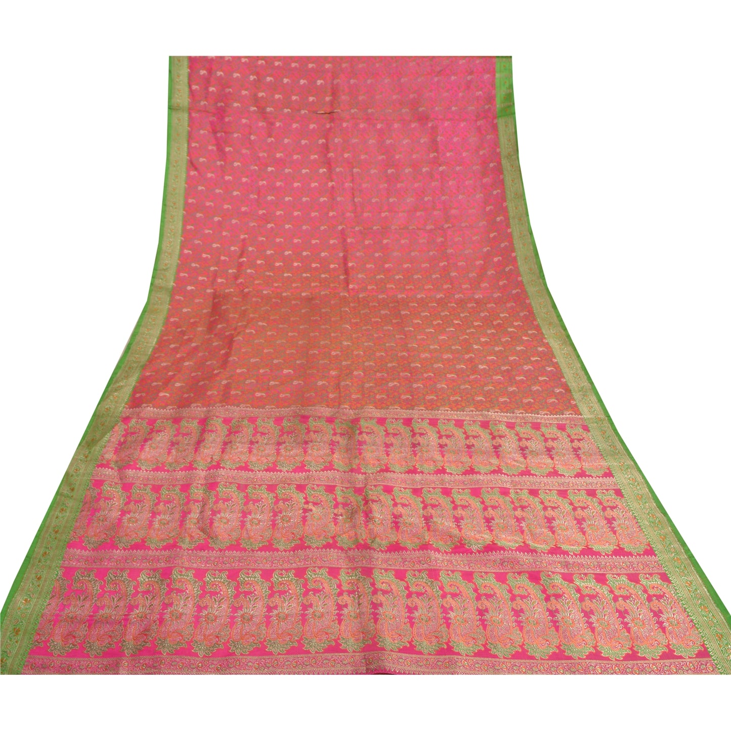 Sanskriti Vintage Pink Heavy Sarees Pure Satin Silk Woven Brocade Sari Sustainable Fabric